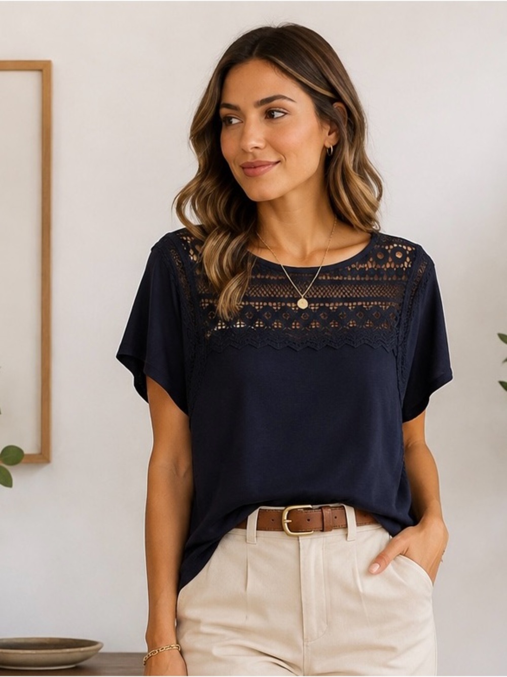 LOFT women’s casual Navy Lace Yoke Short Sleeve Blouse size XL 100% cotton NWT - Picture 14 of 15